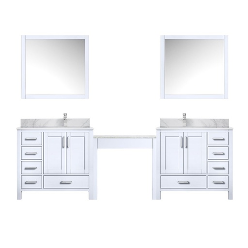[LVCL102DA111] Coraline 102 in W x 22 in. D White Double Bath Vanity, Carrara Marble Top, Faucet Set, and 34 in Mirrors