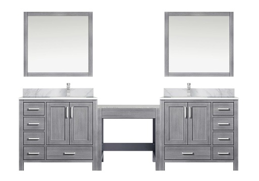 [LVCL102DD111] Coraline 102 in W x 22 in. D Distressed Grey Double Bath Vanity, Carrara Marble Top, Faucet Set, and 34 in Mirrors