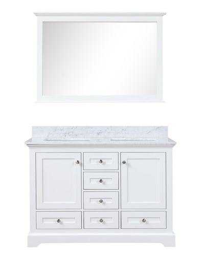 [LVD48DA110] Dukes 48 in. W x 22 in. D White Double Bath Vanity, Carrara Marble Top, and 46 in. Mirror