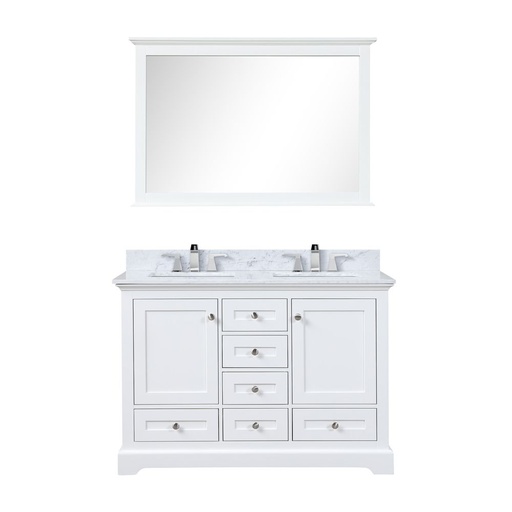 [LVD48DA111] Dukes 48 in. W x 22 in. D White Double Bath Vanity, Carrara Marble Top, Faucet Set, and 46 in. Mirror