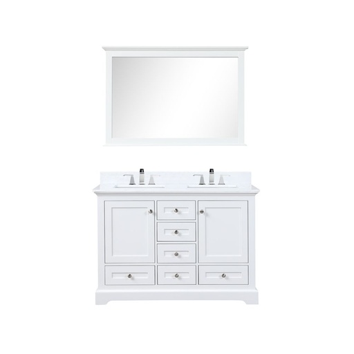 [LVD48DA211] Dukes 48 in. W x 22 in. D White Double Bath Vanity, White Quartz Top, Faucet Set, 46 in. Mirror