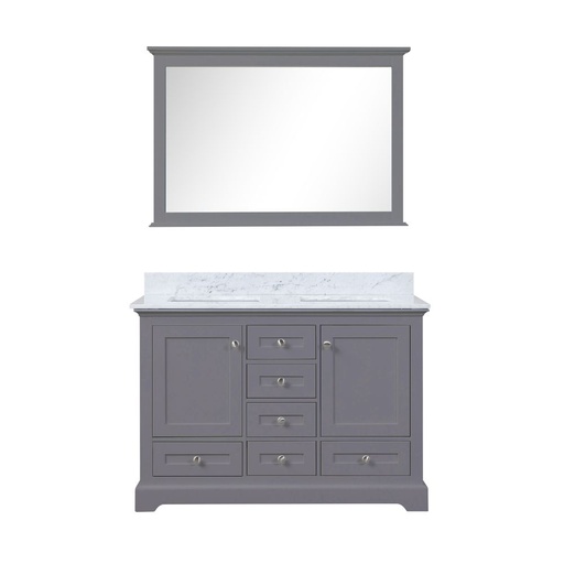 [LVD48DB110] Dukes 48 in. W x 22 in. D Dark Grey Double Bath Vanity, Carrara Marble Top, and 46 in. Mirror