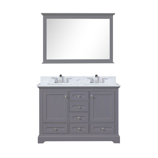 [LVD48DB111] Dukes 48 in. W x 22 in. D Dark Grey Double Bath Vanity, Carrara Marble Top, Faucet Set, 46 in. Mirror