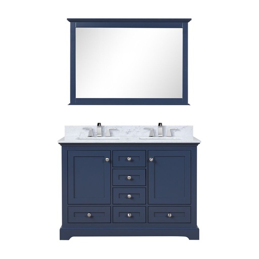 [LVD48DE111] Dukes 48 in. W x 22 in. D Navy Blue Double Bath Vanity, Carrara Marble Top, Faucet Set, and 46 in. Mirror
