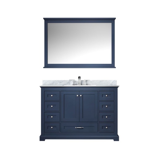 [LVD48SE111] Dukes 48 in. W x 22 in. D Navy Blue Single Bath Vanity, Carrara Marble Top, Faucet Set, and 46 in. Mirror