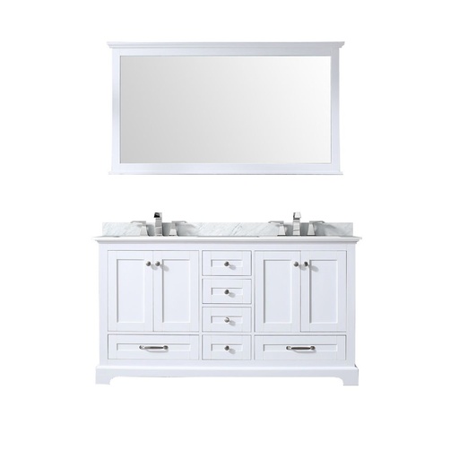 [LVD60DA111] Dukes 60 in. W x 22 in. D White Double Bath Vanity, Carrara Marble Top, Faucet Set, and 58 in. Mirror