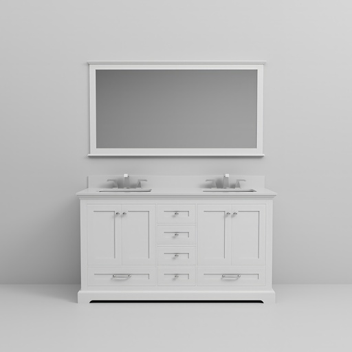 [LVD60DA211] Dukes 60 in. W x 22 in. D White Double Bath Vanity, White Quartz Top, Faucet Set, and 58 in. Mirror