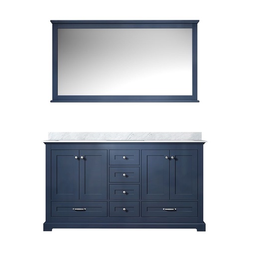 [LVD60DE110] Dukes 60 in. W x 22 in. D Navy Blue Double Bath Vanity, Carrara Marble Top, and 58 in. Mirror