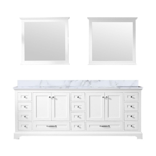 [LVD84DA110] Dukes 84 in. W x 22 in. D White Double Bath Vanity, Carrara Marble Top, and 34 in. Mirrors