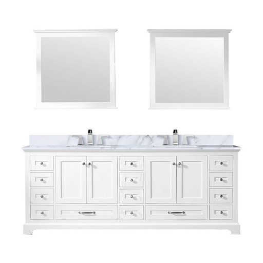 [LVD84DA111] Dukes 84 in. W x 22 in. D White Double Bath Vanity, Carrara Marble Top, Faucet Set, and 34 in. Mirrors