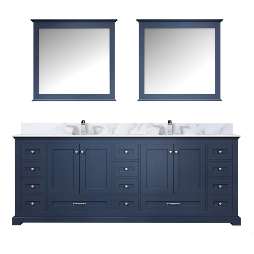 [LVD84DE111] Dukes 84 in. W x 22 in. D Navy Blue Double Bath Vanity, Carrara Marble Top, Faucet Set, and 34 in. Mirrors