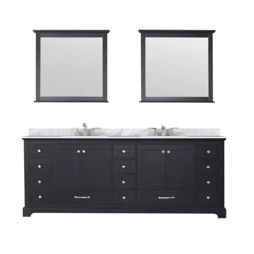 [LVD84DG111] Dukes 84 in. W x 22 in. D Espresso Double Bath Vanity, Carrara Marble Top, Faucet Set, and 34 in. Mirrors