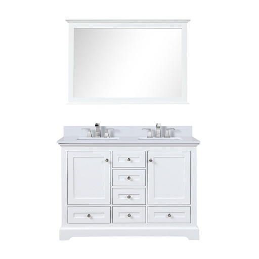 [LVD48DA311] Dukes 48 in. W x 22 in. D White Double Bath Vanity, Cultured Marble Top, Faucet Set, 46 in. Mirror