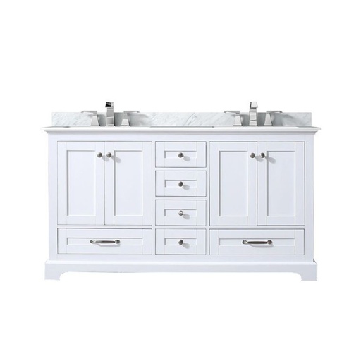 [LVD60DA101] Dukes 60 in. W x 22 in. D White Double Bath Vanity, Carrara Marble Top, and Faucet Set