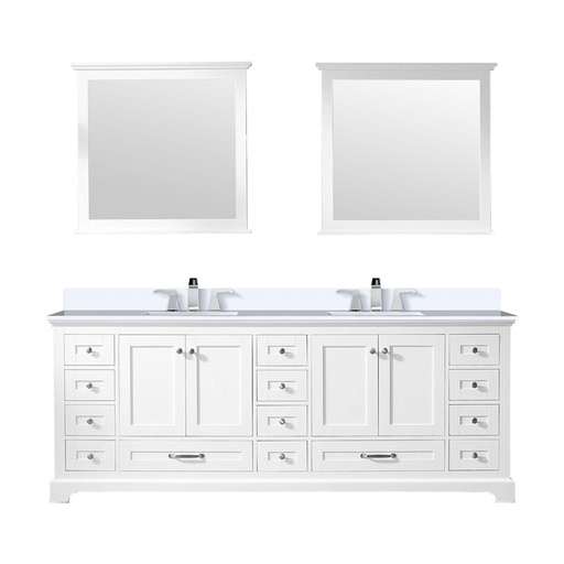 [LVD84DA311] Dukes 84 in. W x 22 in. D White Double Bath Vanity, Cultured Marble Top, Faucet Set, and 34 in. Mirrors
