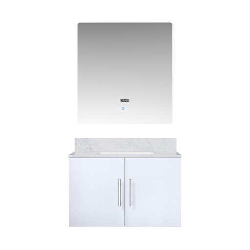 [LVG30SM111] Geneva 30 in. W x 22 in. D Glossy White Bath Vanity, Carrara Marble Top, Faucet Set, and 30 in. LED Mirror
