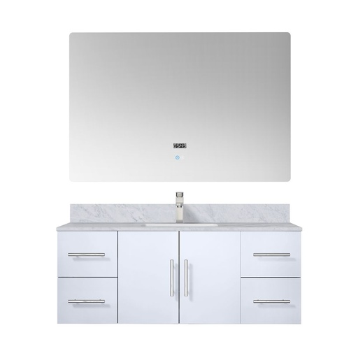 [LVG48SM111] Geneva 48 in. W x 22 in. D Glossy White Bath Vanity, Carrara Marble Top, Faucet Set, and 48 in. LED Mirror