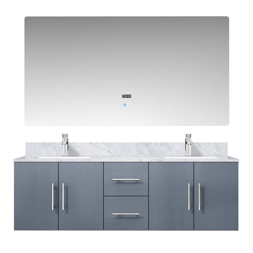[LVG60DB111] Geneva 60 in. W x 22 in. D Dark Grey Double Bath Vanity, Carrara Marble Top, Faucet Set, and 60 in. LED Mirror