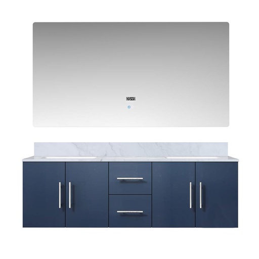 [LVG60DE110] Geneva 60 in. W x 22 in. D Navy Blue Double Bath Vanity, Carrara Marble Top, and 60 in. LED Mirror