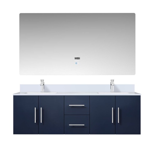 [LVG60DE111] Geneva 60 in. W x 22 in. D Navy Blue Double Bath Vanity, Carrara Marble Top, Faucet Set, and 60 in. LED Mirror