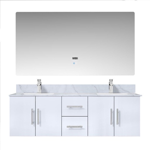 [LVG60DM111] Geneva 60 in. W x 22 in. D Glossy White Double Bath Vanity, Carrara Marble Top, Faucet Set, and 60 in. LED Mirror