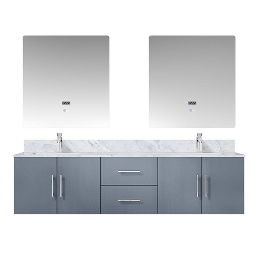 [LVG72DB111] Geneva 72 in. W x 22 in. D Dark Grey Double Bath Vanity, Carrara Marble Top, Faucet Set, and 30 in. LED Mirrors