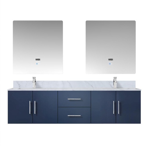 [LVG72DE111] Geneva 72 in. W x 22 in. D Navy Blue Double Bath Vanity, Carrara Marble Top, Faucet Set, and 30 in. LED Mirrors