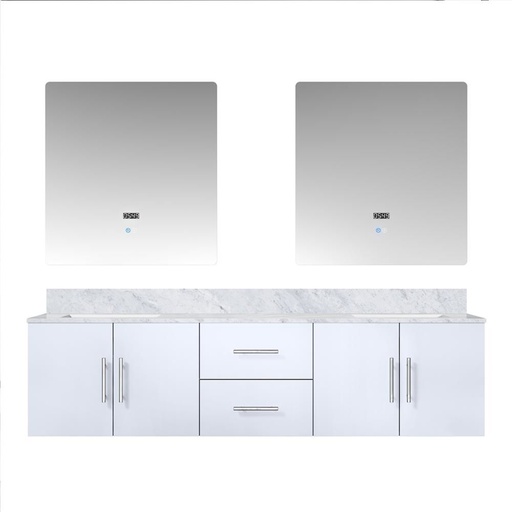 [LVG72DM110] Geneva 72 in. W x 22 in. D Glossy White Double Bath Vanity, Carrara Marble Top, and 30 in. LED Mirrors