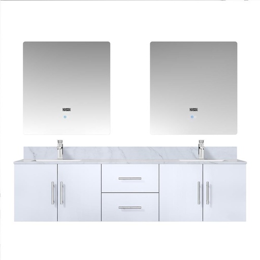 [LVG72DM111] Geneva 72 in. W x 22 in. D Glossy White Double Bath Vanity, Carrara Marble Top, Faucet Set, and 30 in. LED Mirrors