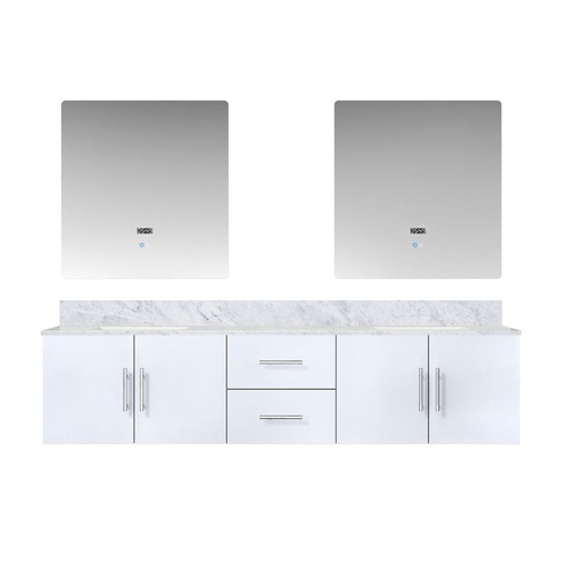 [LVG80DM110] Geneva 80 in. W x 22 in. D Glossy White Double Bath Vanity, Carrara Marble Top, and 30 in. LED Mirrors