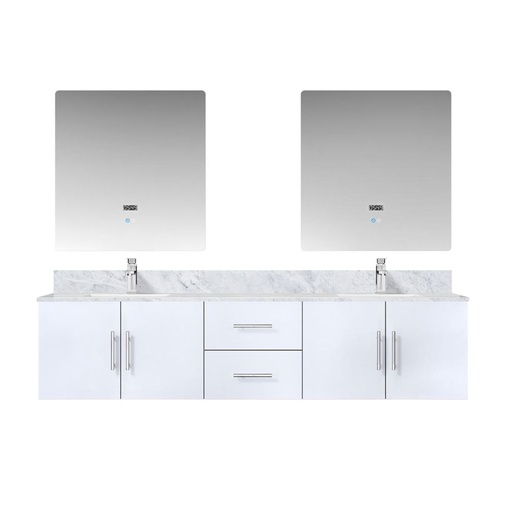 [LVG80DM111] Geneva 80 in. W x 22 in. D Glossy White Double Bath Vanity, Carrara Marble Top, Faucet Set, and 30 in. LED Mirrors