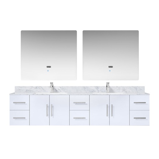 [LVG84DM111] Geneva 84 in. W x 22 in. D Glossy White Double Bath Vanity, Carrara Marble Top, Faucet Set, and 36 in. LED Mirrors