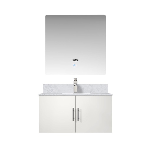 [LVG36SM111] Geneva 36 in. W x 22 in. D Glossy White Bath Vanity, Carrara Marble Top, Faucet Set, and 36 in. LED Mirror