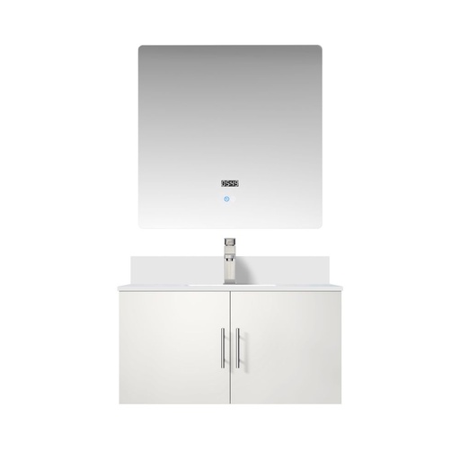 [LVG36SM211] Geneva 36 in. W x 22 in. D Glossy White Bath Vanity, White Quartz Top, Faucet Set, and 36 in. LED Mirror