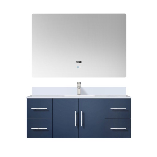 [LVG48SE211] Geneva 48 in. W x 22 in. D Navy Blue Bath Vanity, White Quartz Top, Faucet Set, and 48 in. LED Mirror