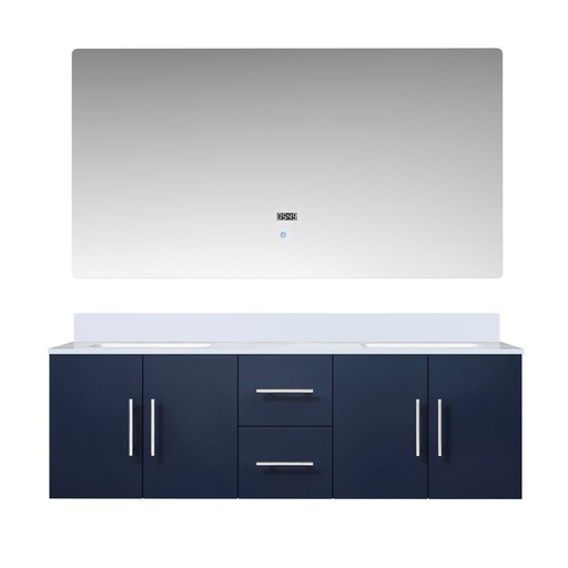 [LVG60DE310] Geneva 60 in. W x 22 in. D Navy Blue Double Bath Vanity, Cultured Marble Top, and 60 in. LED Mirror
