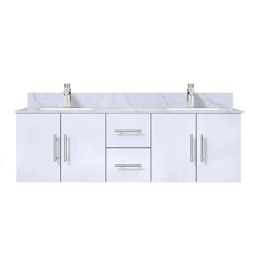 [LVG60DM101] Geneva 60 in. W x 22 in. D Glossy White Double Bath Vanity, Carrara Marble Top, and Faucet Set