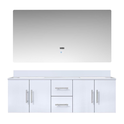 [LVG60DM210] Geneva 60 in. W x 22 in. D Glossy White Double Bath Vanity, White Quartz Top, and 60 in. LED Mirror