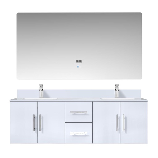 [LVG60DM311] Geneva 60 in. W x 22 in. D Glossy White Double Bath Vanity, Cultured Marble Top, Faucet Set, and 60 in. LED Mirror