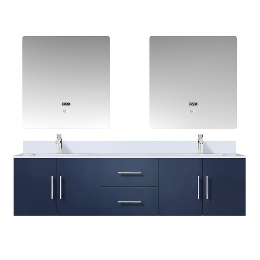 [LVG72DE311] Geneva 72 in. W x 22 in. D Navy Blue Double Bath Vanity, Cultured Marble Top, Faucet Set, and 30 in. LED Mirrors