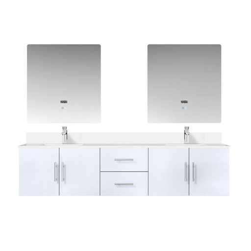 [LVG80DM211] Geneva 80 in. W x 22 in. D Glossy White Double Bath Vanity, White Quartz Top, Faucet Set, and 30 in. LED Mirrors