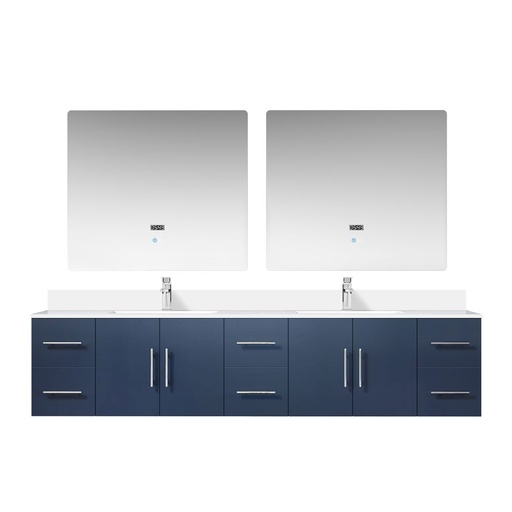 [LVG84DE311] Geneva 84 in. W x 22 in. D Navy Blue Double Bath Vanity, Cultured Marble Top, Faucet Set, and 36 in. LED Mirrors