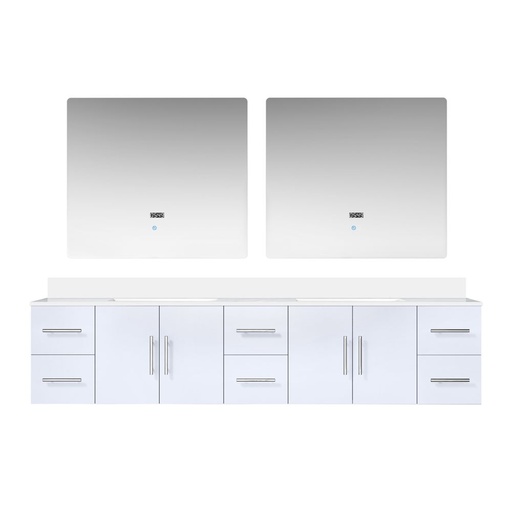 [LVG84DM310] Geneva 84 in. W x 22 in. D Glossy White Double Bath Vanity, Cultured Marble Top, and 36 in. LED Mirrors