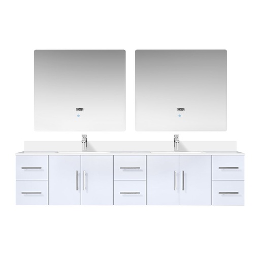 [LVG84DM311] Geneva 84 in. W x 22 in. D Glossy White Double Bath Vanity, Cultured Marble Top, Faucet Set, and 36 in. LED Mirrors