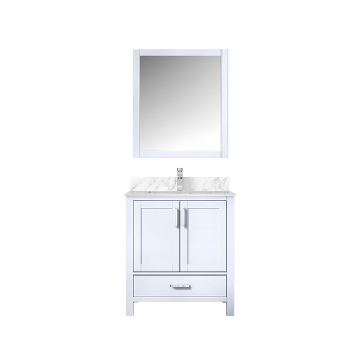 [LVJ30SA111] Jacques 30 in. W x 22 in. D White Bath Vanity, Carrara Marble Top, Faucet Set, and 28 in. Mirror