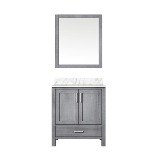 [LVJ30SD110] Jacques 30 in. W x 22 in. D Distressed Grey Bath Vanity, Carrara Marble Topand 28 in. Mirror
