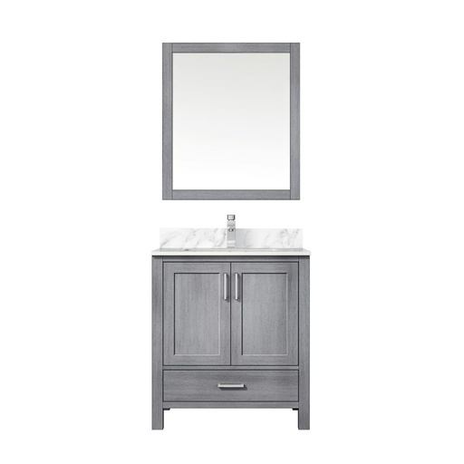 [LVJ30SD111] Jacques 30 in. W x 22 in. D Distressed Grey Bath Vanity, Carrara Marble Top, Faucet Set, and 28 in. Mirror