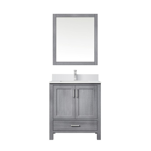 [LVJ30SD211] Jacques 30 in. W x 22 in. D Distressed Grey Bath Vanity, White Quartz Top, Faucet Set, and 28 in. Mirror
