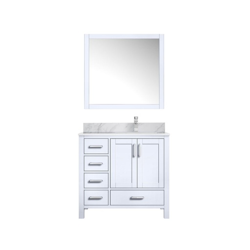 [LVJ36SA111R] Jacques 36 in. W x 22 in. D Right Offset White Bath Vanity, Carrara Marble Top, Faucet Set, and 34 in. Mirrors