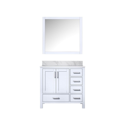 [LVJ36SA110L] Jacques 36 in. W x 22 in. D Left Offset White Bath Vanity, Carrara Marble Top, and 34 in. Mirrors